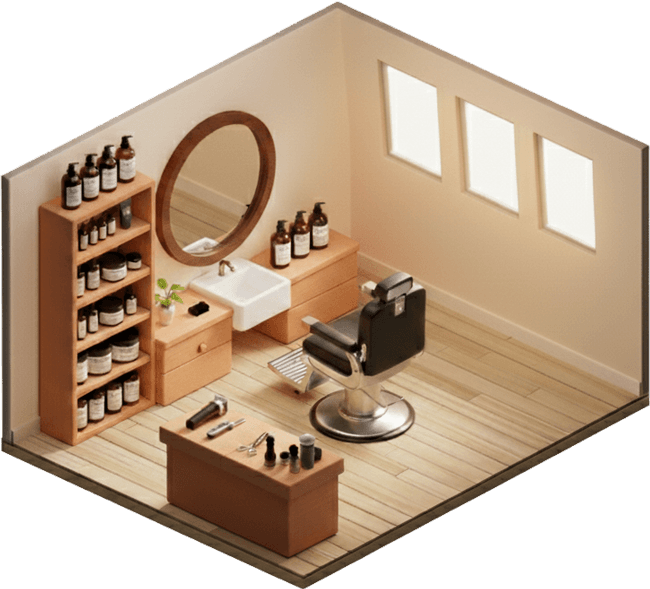 isometric view of a barbershop with private label products